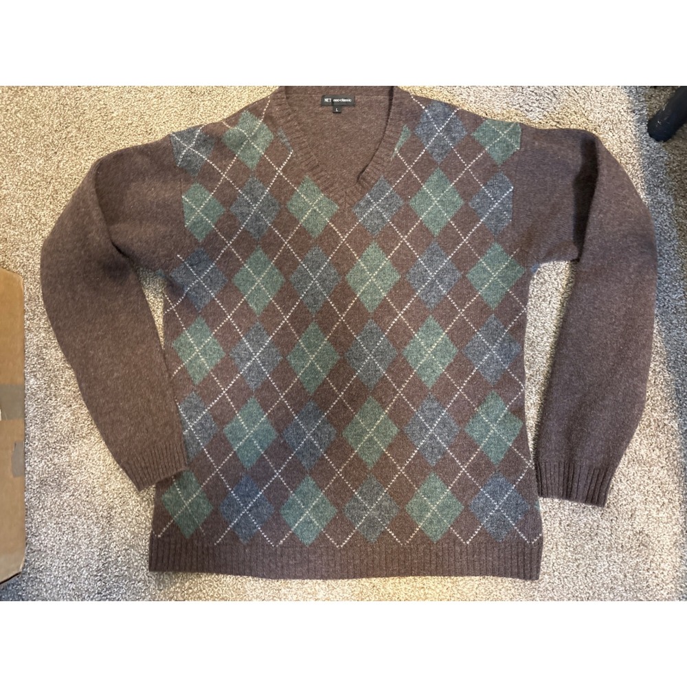 NET neo-classic Argyle Sweater Mens L Brown Excellent 100% Lambswool V-Neck